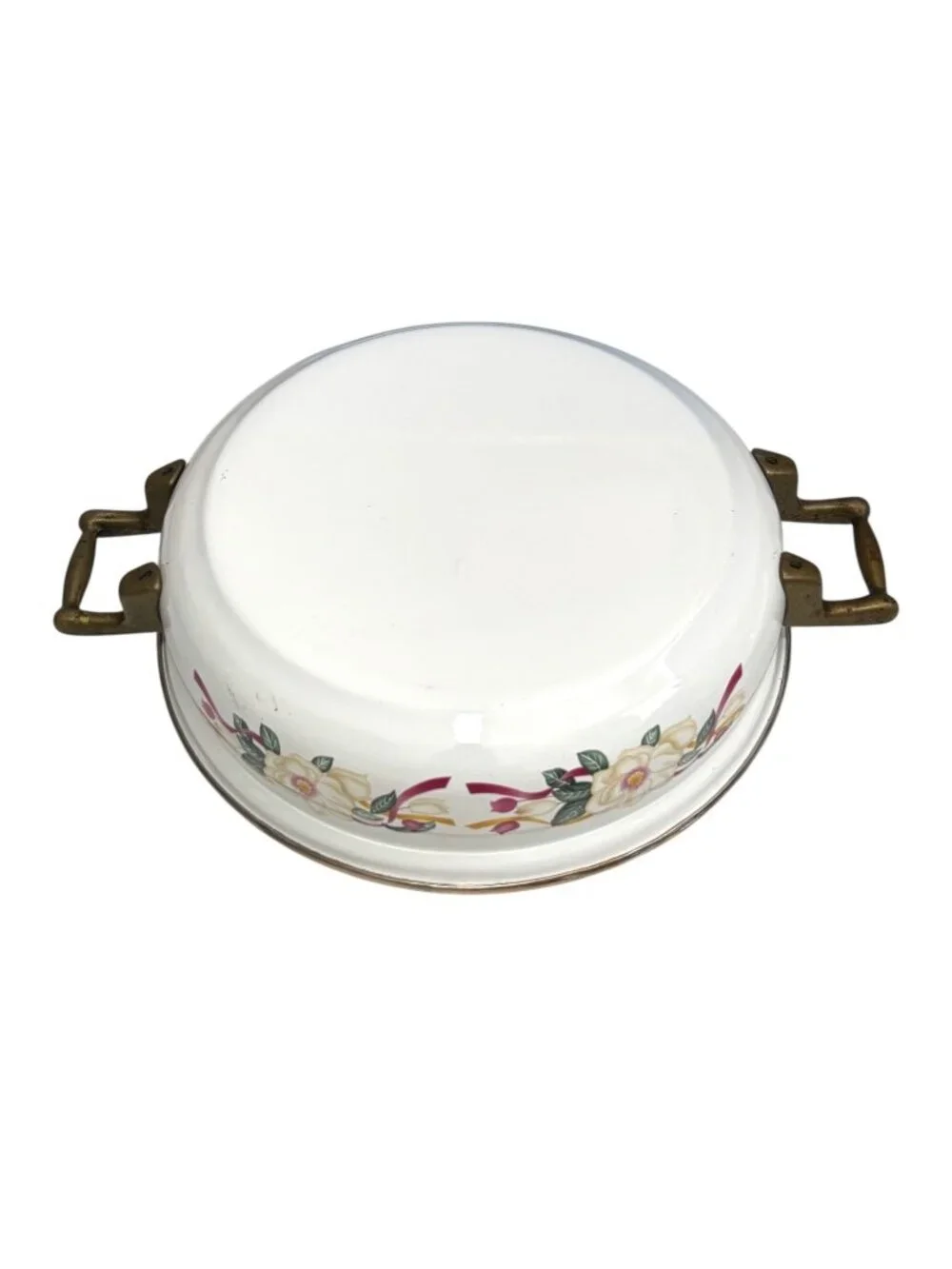 Vintage Floral Ceramic Casserole Dish With Lid & Brass Handles Hand-Painted Desi